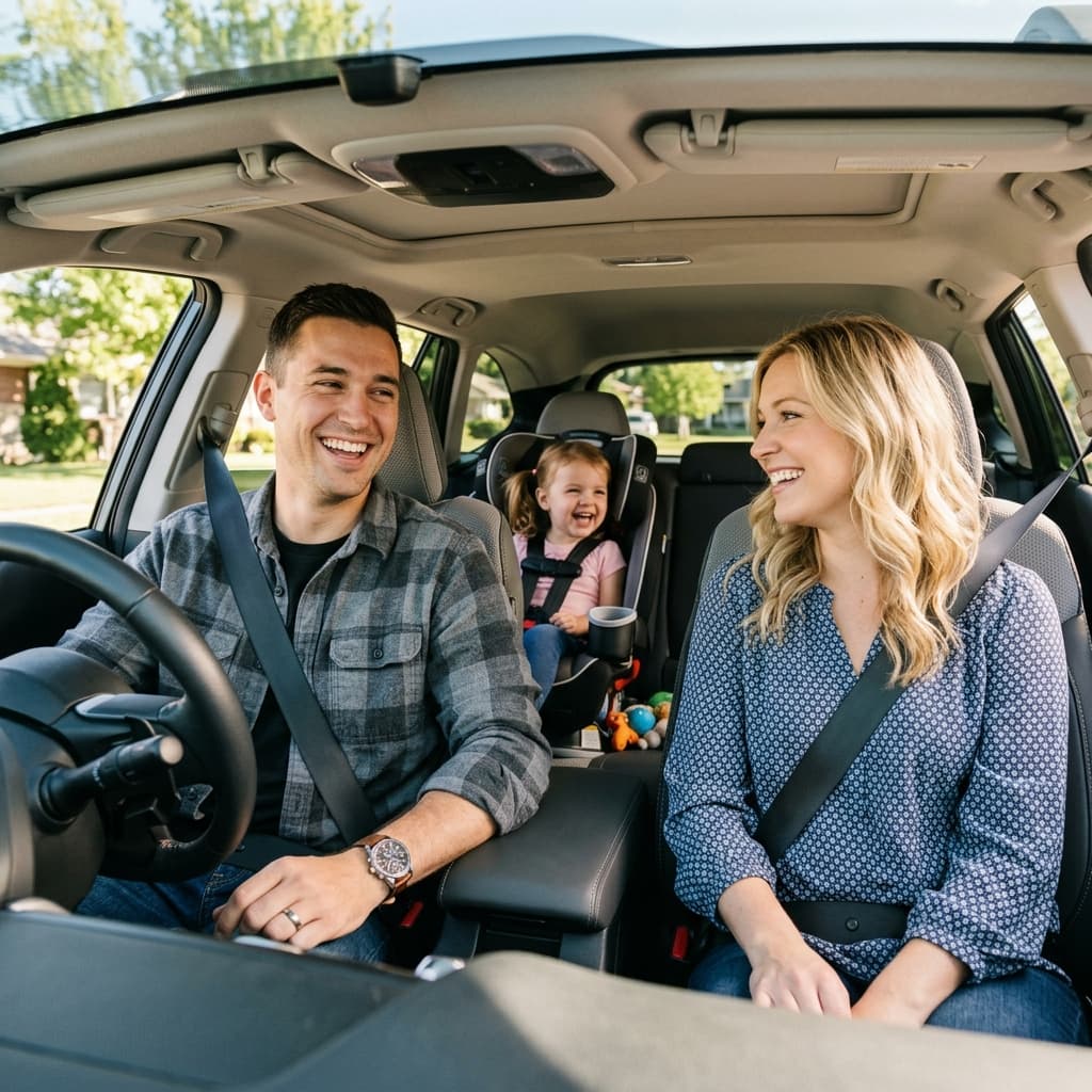Happy family with pre-owned SUV